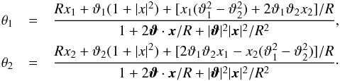 \appendix \setcounter{section}{1} \begin{eqnarray} \theta_1&=&\frac{R x_1+\vt_1(1+|x|^2)+[x_1(\vt_1^2-\vt_2^2)+2\vt_1\vt_2x_2]/R} {1+2\vc\vt\cdot\vc x/R+|\vc\vt|^2 |\vc x|^2/R^2}, \nonumber \\ \theta_2&=&\frac{R x_2+\vt_2(1+|x|^2)+[2\vt_1\vt_2 x_1 - x_2(\vt_1^2-\vt_2^2)]/R} {1+2\vc\vt\cdot\vc x/R+|\vc\vt|^2 |\vc x|^2/R^2}\cdot \end{eqnarray}