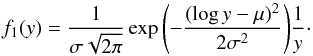 \begin{equation} \label{lneq} f_{1}(y) = \frac{1}{\sigma\sqrt{2\pi}}\exp{\left(-\frac{(\log y - \mu)^2}{2\sigma^2}\right)}\frac{1}{y} \cdot \end{equation}