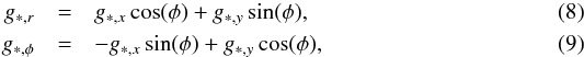 \begin{eqnarray} g_{\ast,r}&=& g_{\ast,x}\cos(\phi) + g_{\ast,y} \sin(\phi), \\ g_{\ast,\phi}&=& - g_{\ast,x}\sin(\phi) + g_{\ast,y} \cos(\phi), \end{eqnarray}