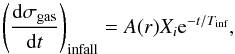 \begin{equation} \left(\frac{{\rm d}\sigma_\textmd{gas}}{{\rm d}t}\right)_\textmd{infall}=A(r)X_{i} {\rm e}^{-t/T_\textmd{inf}}, \end{equation}