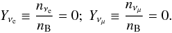 \begin{equation} Y_{\nu_{\rm e}} \equiv \frac{n_{\nu_{\rm e}}}{n_{\rm B}} = 0 ; \ Y_{\nu_\mu} \equiv \frac{n_{\nu_\mu}}{n_{\rm B}} = 0 . \end{equation}