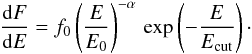 \begin{equation} \frac{\mathrm{d} F}{\mathrm{d} E} = f_0 \left(\frac{E}{E_0}\right)^{-\alpha}\, \exp\left({-\frac{E}{E_{\rm cut}}}\right)\cdot \end{equation}