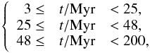 \appendix \setcounter{section}{1} \begin{eqnarray*} \left \{ \begin{array}{rcl} 3\leq &t/\mathrm{Myr}&<25 \mathrm{,}\\ 25\leq &t/\mathrm{Myr}&<48 \mathrm{,} \\ 48\leq &t/\mathrm{Myr}&<200 \mathrm{,} \\ \end{array}\right. \end{eqnarray*}