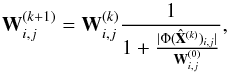 \begin{equation} \mathbf{W}_{i,j}^{(k+1)} = \mathbf{W}_{i,j}^{(k)} \frac{1}{1 + \frac{|\Phi(\hat{\mathbf{X}}^{(k)})_{i,j}|}{\mathbf{W}_{i,j}^{(0)}}}, \end{equation}