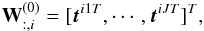 \begin{equation} \mathbf{W}^{(0)}_{:,i} = [\vec{t}^{i1 T},\cdots,\vec{t}^{iJ T}]^T, \end{equation}