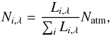 \begin{equation} N_{i, \lambda} = \frac{L_{i, \lambda}}{\sum_{i} L_{i, \lambda}} N_{\rm atm}, \label{eq:num_source} \end{equation}