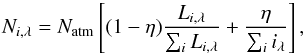 \begin{equation} N_{i, \lambda} = N_{\rm atm} \left[(1 - \eta)\frac{L_{i, \lambda}}{\sum_{i} L_{i, \lambda}} + \frac{\eta}{\sum_{i} i_{\lambda}}\right], \label{eq:num_bias} \end{equation}