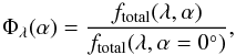 \begin{equation} \Phi_{\lambda}(\alpha) = \frac{f_{\rm total}(\lambda, \alpha)}{f_{\rm total}(\lambda, \alpha = 0\degr)}, \label{eq:phasefunction} \end{equation}