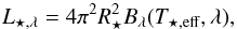 \begin{equation} L_{\star, \lambda} = 4 \pi^{2}R_{\star}^{2}B_{\lambda} (T_{\rm \star, eff}, \lambda), \label{eq:star_lum} \end{equation}