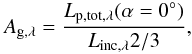 \begin{equation} A_{\rm g, \lambda} = \frac{L_{\rm p, tot, \lambda}(\alpha = 0\degr)}{L_{\rm inc, \lambda} 2/3}, \label{eq:comb_ag} \end{equation}