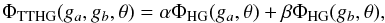 \begin{equation} \Phi_{\rm TTHG}(g_{a}, g_{b}, \theta) = \alpha \Phi_{\rm HG}(g_{a}, \theta) + \beta \Phi_{\rm HG}(g_{b}, \theta), \end{equation}