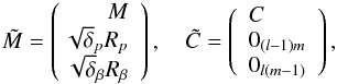 \begin{equation} \tilde M=\left(\!\!\begin{array}{r} M\\ \sqrt\delta_p R_p\\ \sqrt\delta_{\beta} R_{\beta} \end{array}\right), \quad \tilde C=\left(\begin{array}{l}C\\0_{(l-1)m}\\ 0_{l(m-1)}\end{array}\right),\label{extMC} \end{equation}