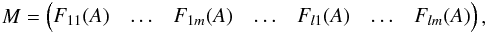 \begin{eqnarray*} M = \begin{pmatrix} F_{11}(A) & \ldots & F_{1m}(A) & \ldots & F_{l1}(A) & \ldots & F_{lm}(A) \end{pmatrix}, \end{eqnarray*}