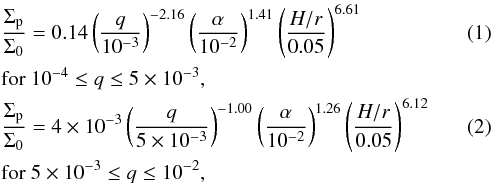 \begin{eqnarray} &&\frac{\Sigma_{\rm p}}{\Sigma_0} = 0.14\left( \frac{q}{10^{-3}} \right)^{-2.16} \left(\frac{\alpha}{10^{-2}} \right)^{1.41} \left( \frac{H/r}{0.05} \right)^{6.61} \label{eq:fung1}\\ & & \mathrm{for}~10^{-4} \leq q \leq 5\times10^{-3}, \nonumber \\ &&\frac{\Sigma_{\rm p}}{\Sigma_0} = 4\times10^{-3}\left( \frac{q}{5\times10^{-3}} \right)^{-1.00} \left(\frac{\alpha}{10^{-2}} \right)^{1.26} \left( \frac{H/r}{0.05} \right)^{6.12} \label{eq:fung2} \\ && \mathrm{for}~5\times10^{-3} \leq q \leq 10^{-2} \nonumber, \end{eqnarray}