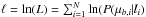 \hbox{$\ell = \ln(L) = \sum_{i=1}^N \ln(P(\mu_{b,i}|l_i)$}