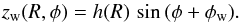 \begin{equation} z_{\rm w}(R,\phi) = h(R) \, \sin{(\phi + \phi_{\rm w})}. \label{zwarp} \end{equation}