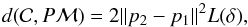 \begin{equation} d(\mathcal{C},P\mathcal{M})=2\|p_2-p_1\|^2L(\delta), \end{equation}