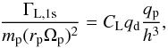 \begin{equation} \frac{\Gamma_\mathrm{L,1s}} {m_{\rm p} (r_{\rm p} \Omega_{\rm p})^2} = C_{\rm L} q_{\rm d} \frac{q_{\rm p}}{h^3}, \label{eq:lindblad1} \end{equation}