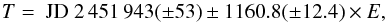 \begin{equation} \label{eq1} T=~{\rm JD}~2\,451\,943(\pm53)\pm1160.8(\pm12.4)\times E , \end{equation}