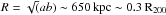 \hbox{$R=\sqrt(ab)\sim650\,\mathrm{kpc}\sim0.3\,\mathrm{R_{200}}$}