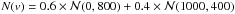 \hbox{$N(v)=0.6\times\mathcal{N}(0,800)+0.4\times\mathcal{N}(1000,400)$}