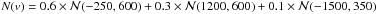 \hbox{$N(v)=0.6\times\mathcal{N}(-250,600)+0.3\times\mathcal{N}(1200,600)+0.1\times\mathcal{N}(-1500,350)$}