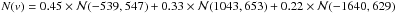 \hbox{$N(v)=0.45\times\mathcal{N}(-539,547)+0.33\times\mathcal{N}(1043,653)+0.22\times\mathcal{N}(-1640,629)$}