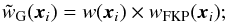 \begin{equation} {\tilde w_{\rm{G}}({\vec x}_i) = w({\vec x}_i) \times w_{\rm FKP}({\vec x}_i) } ; \label{eq:weight_total} \end{equation}