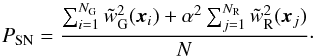 \begin{equation} \label{shot_noise} P_{\rm SN} = \frac{\sum_{i=1}^{N_{\rm G}} \tilde{w}_{\rm G}^2({\vec x}_i)+\alpha^2 \sum_{j=1}^{N_{\rm R}} \tilde{w}_{\rm R}^2({\vec x}_j)}{N} \cdot \end{equation}