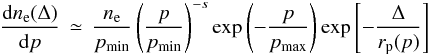 \begin{equation} \frac{{\rm d}n_{\rm e}(\Delta)}{{\rm d}p}\,\simeq\,\frac{n_{\rm e}}{p_{\rm min}}\left(\frac{p}{p_{\rm min}}\right)^{-s}\exp\left(-\frac{p}{p_{\rm max}}\right)\exp\left[-\frac{\Delta}{r_{\rm p}(p)}\right] \label{eq:dndp} \end{equation}