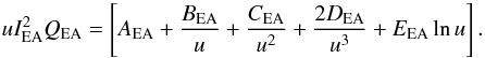 \appendix \setcounter{section}{3} \begin{equation} uI_{\rm EA}^2Q_{\rm EA} =\left[A_{\rm EA}+ {B_{\rm EA}\over u} + {C_{\rm EA} \over u^2} + {2D_{\rm EA} \over u^3} + E_{\rm EA} \ln u\right]. \nonumber \end{equation}