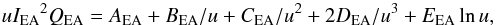 \begin{equation} u{I_{\rm EA}}^2Q_{\rm EA} = A_{\rm EA}+ B_{\rm EA}/u + C_{\rm EA}/u^2 + 2D_{\rm EA}/u^3 + E_{\rm EA} \ln u, \label{eqn:eamewe} \end{equation}