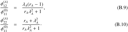 \appendix \setcounter{section}{2} \begin{eqnarray} \dfrac{\phi_{12}^{(A)}}{\phi_{11}^{(0)}} &=& \dfrac{\lambda_A (r_A-1)}{r_A \lambda_A^2 + 1} , \label{eq:fold_dist1} \\ \dfrac{\phi_{22}^{(A)}}{\phi_{11}^{(0)}} &=& \dfrac{r_A + \lambda_A^2}{r_A \lambda_A^2 + 1} \cdot \label{eq:fold_dist2} \end{eqnarray}