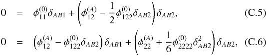 \appendix \setcounter{section}{3} \begin{eqnarray} 0 &=& \phi_{11}^{(0)} \delta_{AB1} + \left( \phi_{12}^{(A)}- \dfrac12 \phi_{122}^{(0)}\delta_{AB2}\right) \delta_{AB2} , \label{eq:cusp_dist_le1} \\ 0 &=& \left( \phi_{12}^{(A)}- \phi_{122}^{(0)}\delta_{AB2}\right) \delta_{AB1} + \left( \phi_{22}^{(A)} + \dfrac16 \phi_{2222}^{(0)} \delta_{AB2}^2 \right) \delta_{AB2} , \label{eq:cusp_dist_le2} \end{eqnarray}