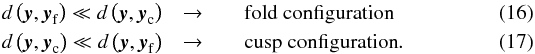 \begin{eqnarray} d\left(\boldsymbol{y}, \boldsymbol{y}_\mathrm{f}\right)\ll d\left(\boldsymbol{y}, \boldsymbol{y}_\mathrm{c}\right) &\rightarrow & \quad \text{fold configuration} \label{eq:source_comp1} \\ d\left(\boldsymbol{y}, \boldsymbol{y}_\mathrm{c}\right) \ll d\left(\boldsymbol{y}, \boldsymbol{y}_\mathrm{f}\right) &\rightarrow &\quad \text{cusp configuration} \label{eq:source_comp2}. \end{eqnarray}