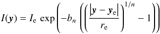 \begin{equation} I(\boldsymbol{y}) = I_\mathrm{e} \, \exp {\left( - b_n \, \left( \left(\frac{\left|\boldsymbol{y} -\boldsymbol{y}_\mathrm{e} \right|}{r_{\rm e}} \right)^{1/n} -1 \right) \right)} \label{eq:sersic_profile} \end{equation}