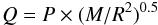 \begin{eqnarray*} Q=P\times (M/R^2)^{0.5} \end{eqnarray*}