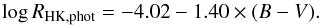 \begin{equation} \log{R_{\rm HK,phot}} = -4.02 - 1.40\times(B-V). \label{eq:RHKphot1} \end{equation}