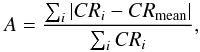 \begin{equation} A = \frac{\sum_i |{CR}_i-{CR}_{\rm mean}|}{\sum_i {CR}_i}, \label{semi_amplitude} \end{equation}