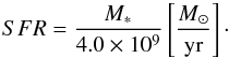 \begin{equation} SFR=\frac{M_{*}}{4.0\times10^{9}}\left[\frac{\msun}{\rm yr}\right] \label{eq:SFR elbaz} \cdot \end{equation}