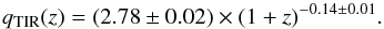 \begin{equation} \qtir(z)=(2.78\pm0.02) \times (1+z)^{-0.14\pm0.01}. \label{eq:qtirz} \end{equation}