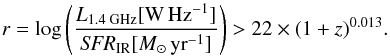 \begin{equation} r=\log\left(\frac{\lum[\whz]}{\textit{SFR}_\text{IR}[\msolyr]}\right)>22\times(1+z)^{0.013} \label{eq:excess_cut} . \end{equation}