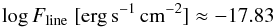 \begin{equation} \label{eq:10} \log F_\mathrm{line} \;[\mathrm{erg\,s^{-1}\,cm^{-2}}] \approx -17.83 \end{equation}