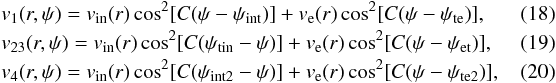 \begin{eqnarray} \label{vtrans1} &&v_{1}(r,\psi)=v_{\rm in}(r)\cos^2[C(\psi-\psi_{\rm int})]+ v_{\rm e}(r)\cos^2[C(\psi-\psi_{\rm te})],~~~~~~~~~~~ \\ \label{vtrans23} &&v_{23}(r,\psi)=v_{\rm in}(r)\cos^2[C(\psi_{\rm tin}-\psi)]+ v_{\rm e}(r)\cos^2[C(\psi-\psi_{\rm et})],~~~~~~~~~~~ \\ \label{vtrans4} &&v_{4}(r,\psi)=v_{\rm in}(r)\cos^2[C(\psi_{\rm int2}-\psi)]+ v_{\rm e}(r)\cos^2[C(\psi-\psi_{\rm te2})],~~~~~~~~~~~ \end{eqnarray}