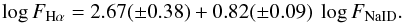 \begin{equation} \log F_{\rm H\alpha} = 2.67(\pm 0.38) + 0.82(\pm 0.09)\ \log F_{\rm NaI D}. \label{Eq:Fha_FNaID} \end{equation}
