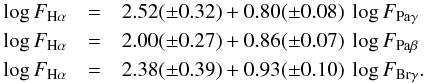 \begin{eqnarray} \log F_{\rm H\alpha} & = & 2.52(\pm 0.32) + 0.80(\pm 0.08)\ \log F_{\rm Pa\gamma}\nonumber \\ \log F_{\rm H\alpha} & = & 2.00(\pm 0.27) + 0.86(\pm 0.07)\ \log F_{\rm Pa\beta}\nonumber \\ \log F_{\rm H\alpha} & = & 2.38(\pm 0.39) + 0.93(\pm 0.10)\ \log F_{\rm Br\gamma}. \label{Eq:FHa-FNIR} \end{eqnarray}
