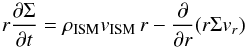 \appendix \setcounter{section}{1} \begin{equation} r \frac{\partial\Sigma}{\partial t} = \rhoism \vism \, r - \frac{\partial}{\partial r} (r \Sigma v_r) \label{eq:mass-cons_param} \end{equation}