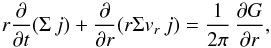 \appendix \setcounter{section}{1} \begin{equation} r \frac{\partial}{\partial t} (\Sigma\, j) + \frac{\partial}{\partial r} (r \Sigma v_r\, j) = \frac{1}{2\pi}\, \frac{\partial G}{\partial r}, \label{eq:AM-cons_param} \end{equation}
