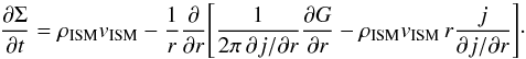 \appendix \setcounter{section}{1} \begin{eqnarray} \frac{\partial\Sigma}{\partial t} = \rhoism \vism - \frac{1}{r} \frac{\partial}{\partial r} \Bigg[ \frac{1}{2\pi\, \partial j/\partial r} \frac{\partial G}{\partial r} - \rhoism \vism \, r \frac{j}{\partial j/\partial r} \Bigg]\cdot \end{eqnarray}