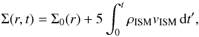 \begin{equation} \Sigma(r,t) = \Sigma_0(r) + 5 \int_0^t \rhoism \vism \,\der t', \label{eq:sigmari_param} \end{equation}